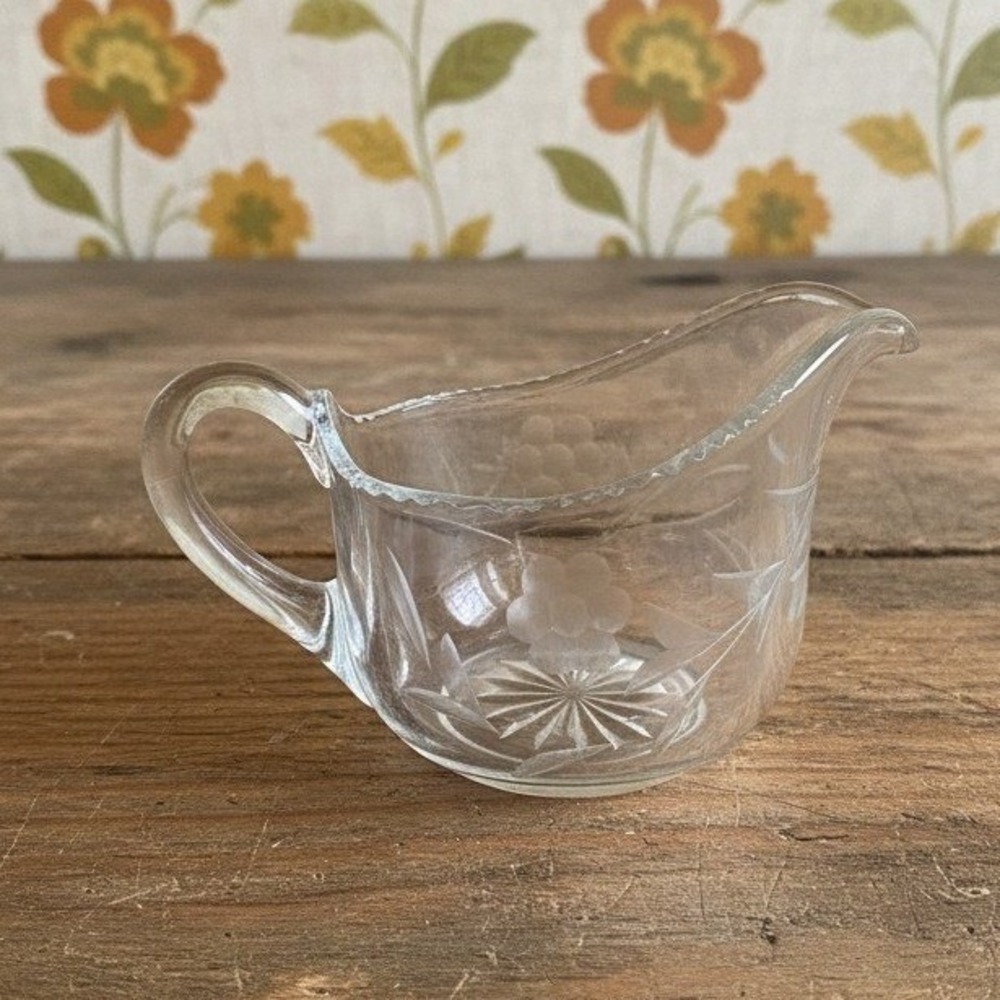 Floral Etched Crystal Creamer, Vintage Clear Glass Small‎ Pitcher, Tableware
